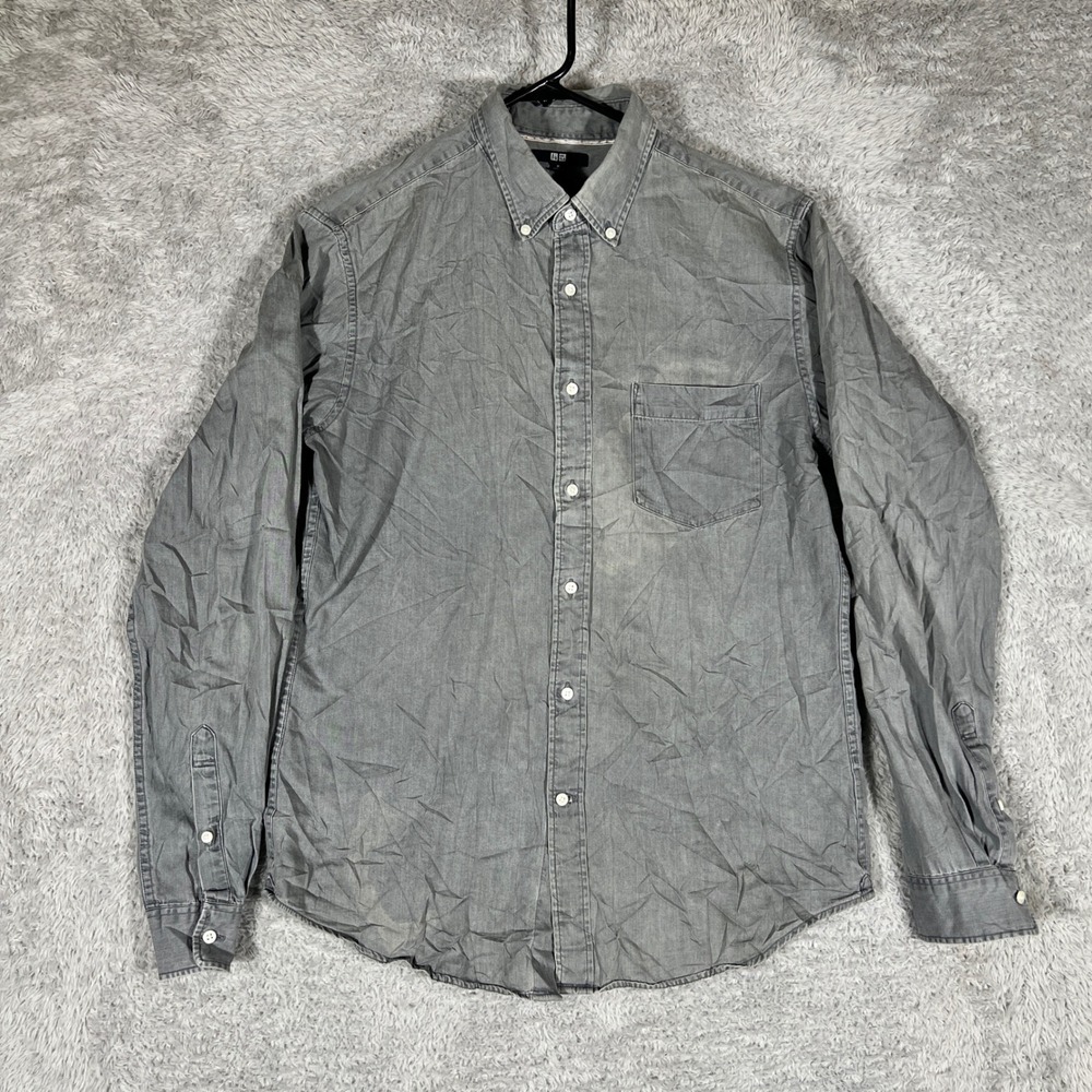 Uniqlo Mens Slim Fit Button Down Shirt Grey Long Sleeve Denim Look Size M